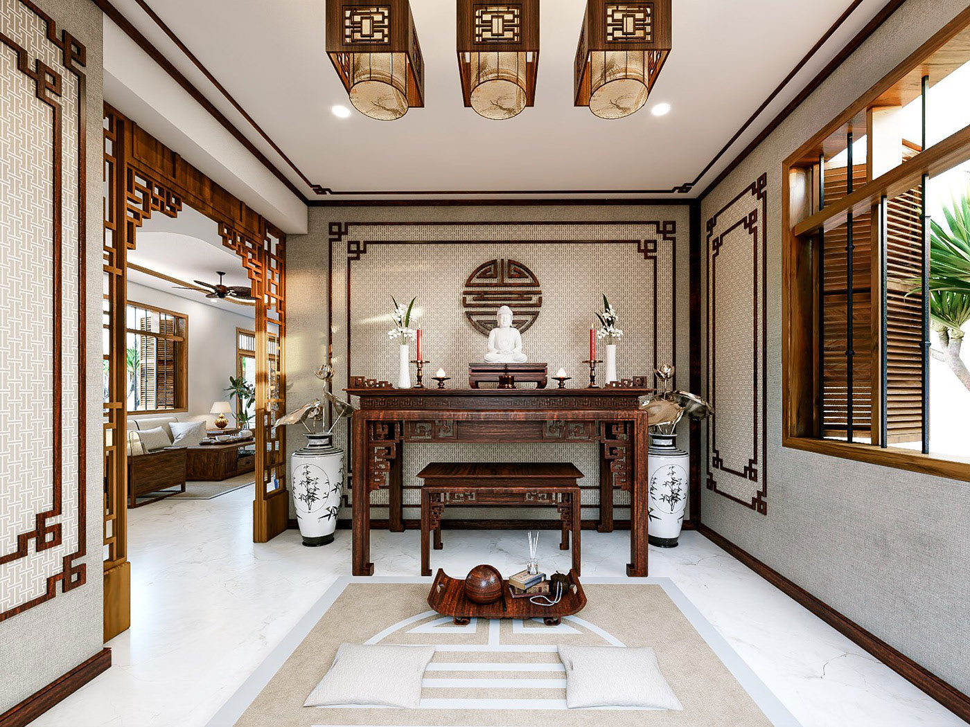 Phòng thờ thiết kế thông thoáng, ánh sáng, màu sắc hài hoà