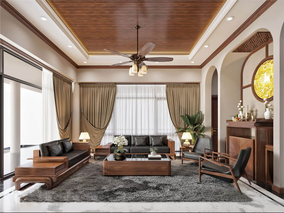 Bàn thờ đứng có gam màu đồng nhất với bộ bàn ghế Sofa