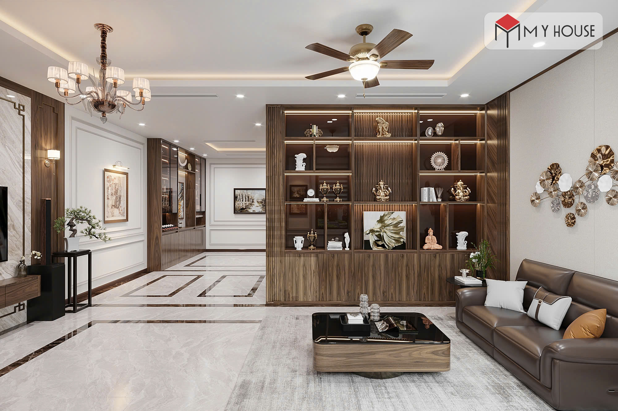 Thiết kế nội thất nhà phố gỗ óc chó sang trọng 2